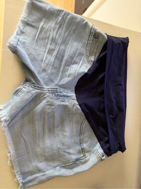 Pinkblush Light Wash Denim Maternity Shorts with Navy Panel
